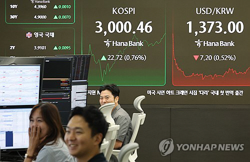 코스피가 장중 3000을 돌파한 20일 서울 중구 하나은행 딜링룸에서 딜러들이 활짝 웃고 있다. 연합뉴스
